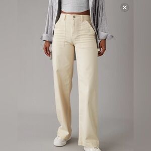 American Eagle Cream Dreamy Drape Woven Super High-Waisted Baggy Wide-Leg Pant